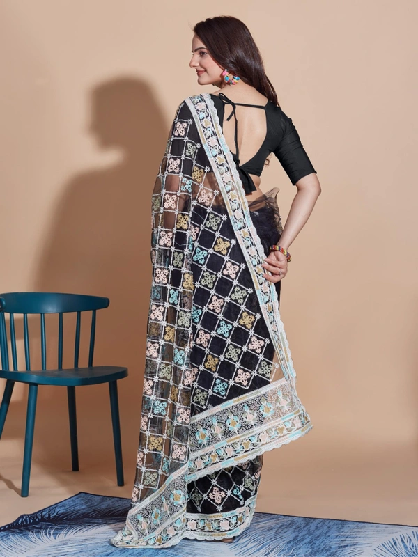 FWVLS BUTTERFLY NET PARTY WEAR EMBROIDRED SAREE WITH BLOUSE - Black