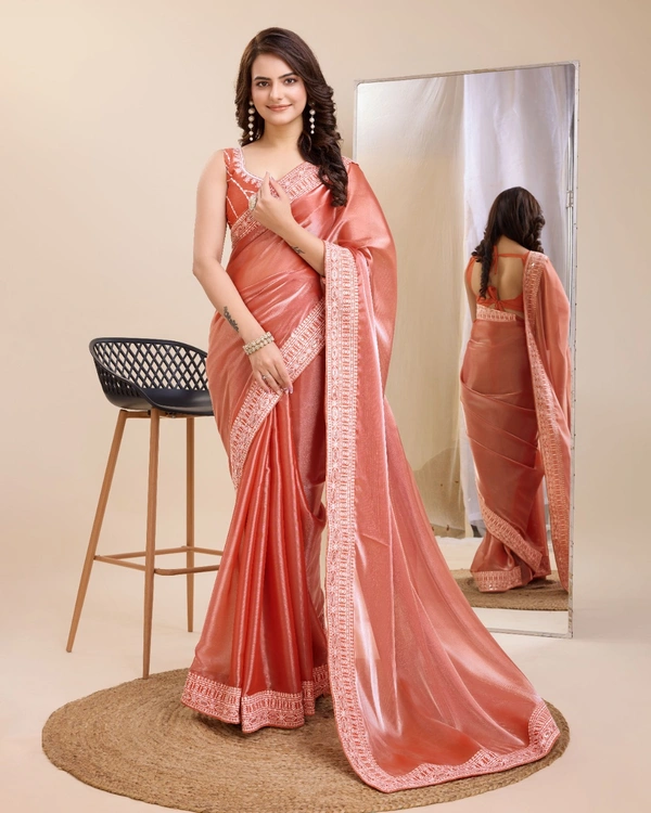FWVLS PARTY WEAR EMBROIDERED SAREE WITH BLOUSE PIECE  - Orange Red