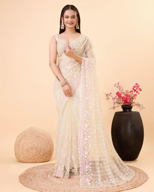 FWVLS PARTY WEAR SOFT NET EMBROIDERED DESIGNER SAREE WITH BLOUSE PIECE - Peach
