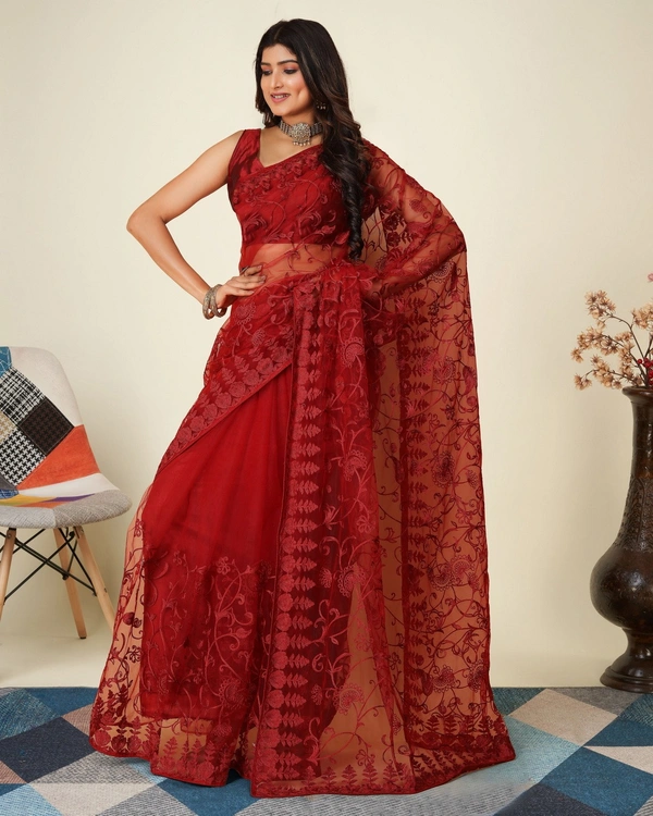 FWVLS SOFT NET CHIKANKARI EMBROIDRED SAREEE WITH BLOUSE PIECE - Maroon
