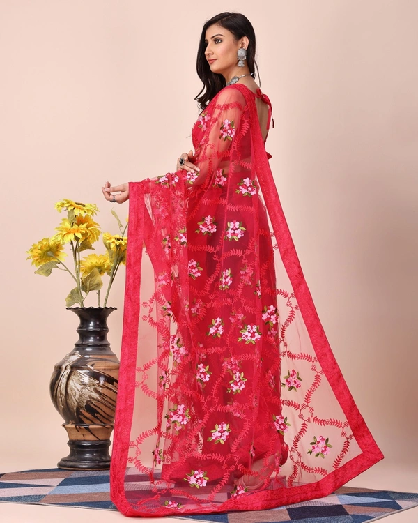 FWVLS CHIKANKARI EMBROIDERED SOFT NET SAREE WITH BLOUSE PIECE - Pinkish Red