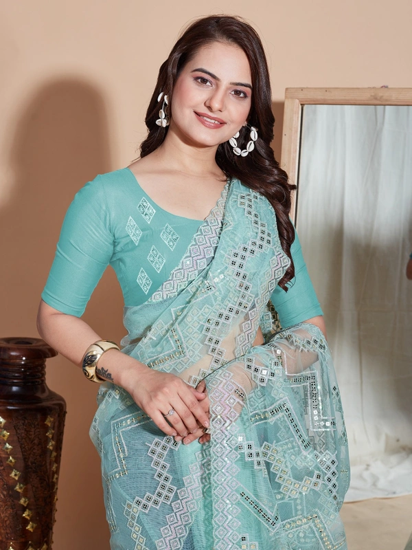 FWVLS DESIGNER SOFT NET SEQUINS WORK SAREE WITH BLOUSE PIECE - Ocean Blue