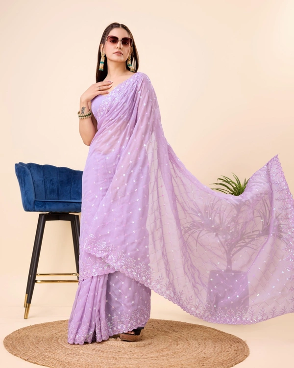 FWVLS PARTY WEAR TABBY SILK ORGANZA SAREE WITH BLOUSE PIECE - Purple