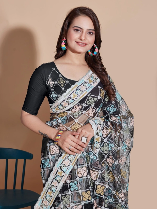 FWVLS BUTTERFLY NET PARTY WEAR EMBROIDRED SAREE WITH BLOUSE - Black