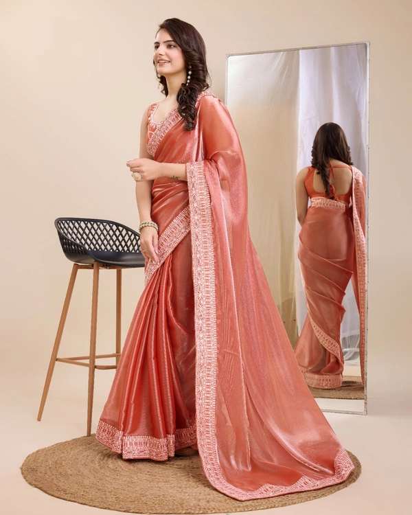 FWVLS PARTY WEAR EMBROIDERED SAREE WITH BLOUSE PIECE  - Orange Red