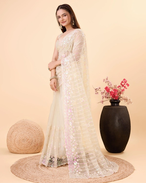 FWVLS PARTY WEAR SOFT NET EMBROIDERED DESIGNER SAREE WITH BLOUSE PIECE - Peach