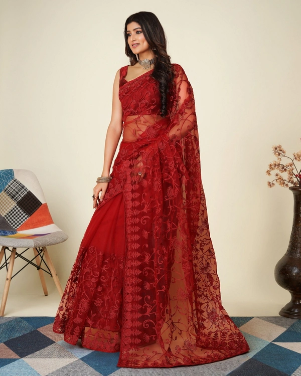 FWVLS SOFT NET CHIKANKARI EMBROIDRED SAREEE WITH BLOUSE PIECE - Maroon
