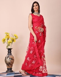 FWVLS CHIKANKARI EMBROIDERED SOFT NET SAREE WITH BLOUSE PIECE - Pinkish Red