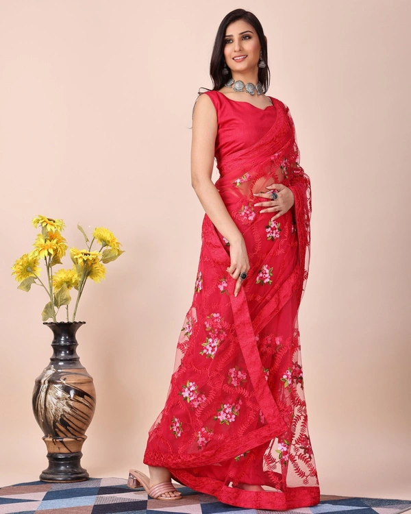 FWVLS CHIKANKARI EMBROIDERED SOFT NET SAREE WITH BLOUSE PIECE - Pinkish Red