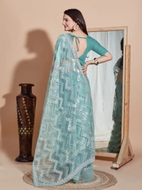 FWVLS DESIGNER SOFT NET SEQUINS WORK SAREE WITH BLOUSE PIECE - Ocean Blue
