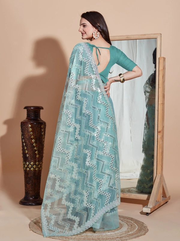 FWVLS DESIGNER SOFT NET SEQUINS WORK SAREE WITH BLOUSE PIECE - Ocean Blue