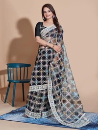 FWVLS BUTTERFLY NET PARTY WEAR EMBROIDRED SAREE WITH BLOUSE - Black