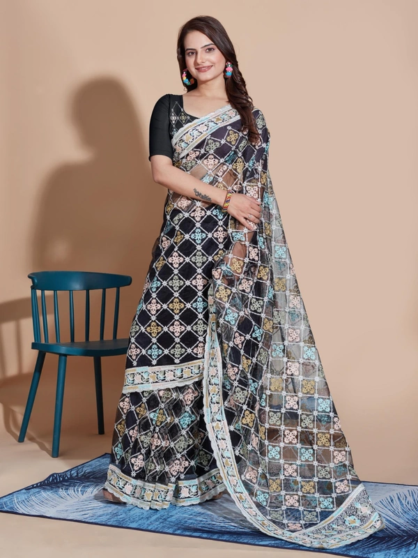 FWVLS BUTTERFLY NET PARTY WEAR EMBROIDRED SAREE WITH BLOUSE - Black