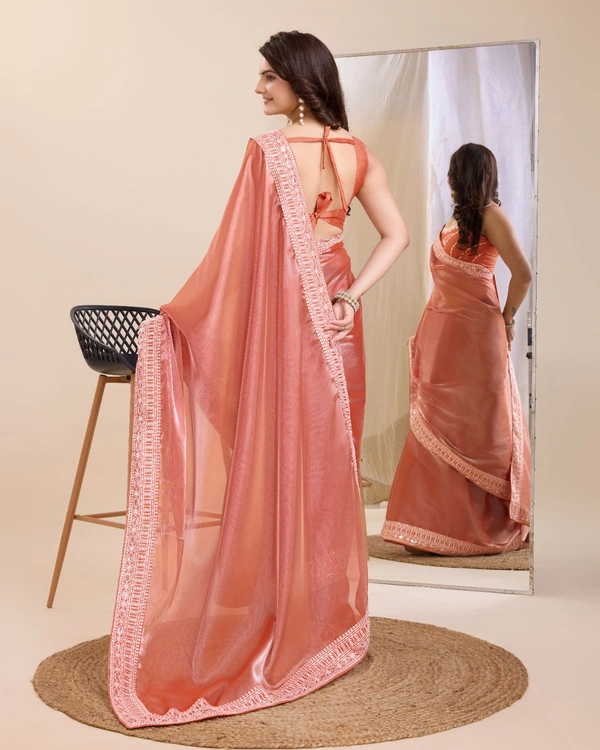 FWVLS PARTY WEAR EMBROIDERED SAREE WITH BLOUSE PIECE  - Orange Red