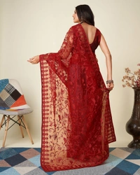 FWVLS SOFT NET CHIKANKARI EMBROIDRED SAREEE WITH BLOUSE PIECE - Maroon
