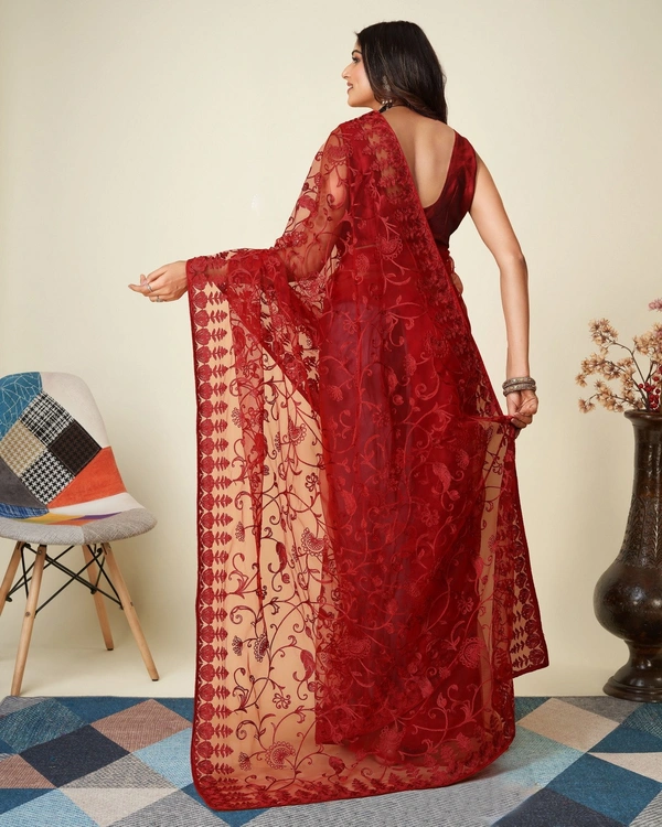 FWVLS SOFT NET CHIKANKARI EMBROIDRED SAREEE WITH BLOUSE PIECE - Maroon
