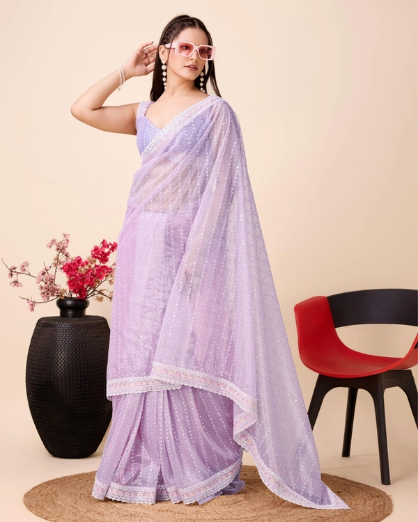FWVLS PARTY WEAR SEQUINS EMBROIDERED SOFT NET SAREE WITH BLOUSE - Purple