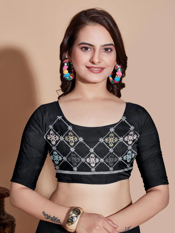 FWVLS BUTTERFLY NET PARTY WEAR EMBROIDRED SAREE WITH BLOUSE - Black