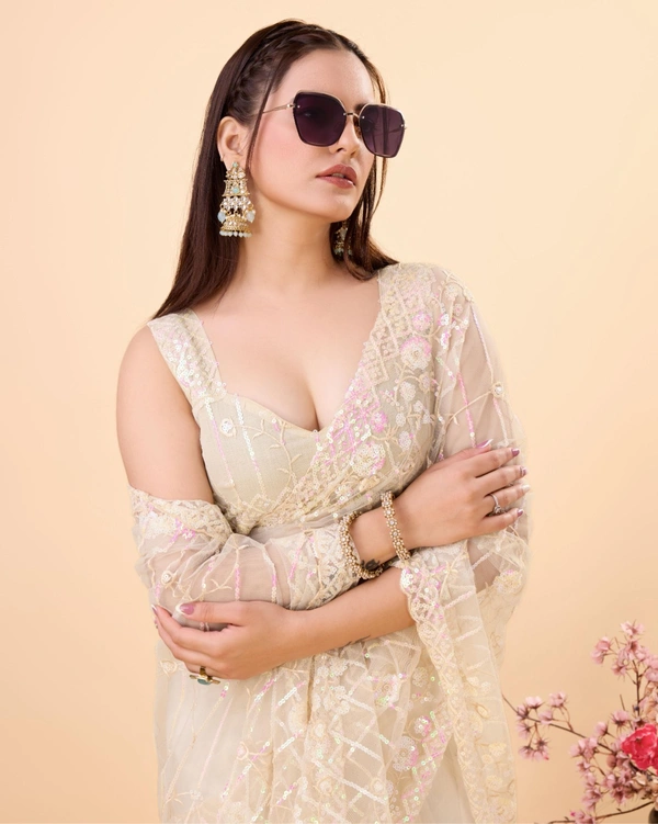 FWVLS PARTY WEAR SOFT NET EMBROIDERED DESIGNER SAREE WITH BLOUSE PIECE - Peach