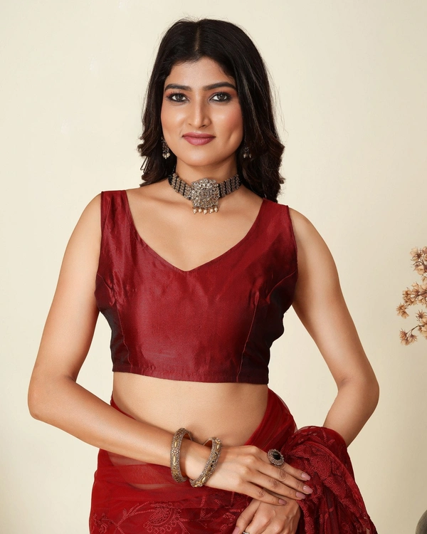 FWVLS SOFT NET CHIKANKARI EMBROIDRED SAREEE WITH BLOUSE PIECE - Maroon