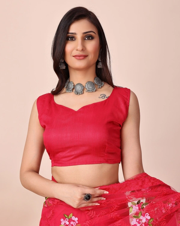 FWVLS CHIKANKARI EMBROIDERED SOFT NET SAREE WITH BLOUSE PIECE - Pinkish Red