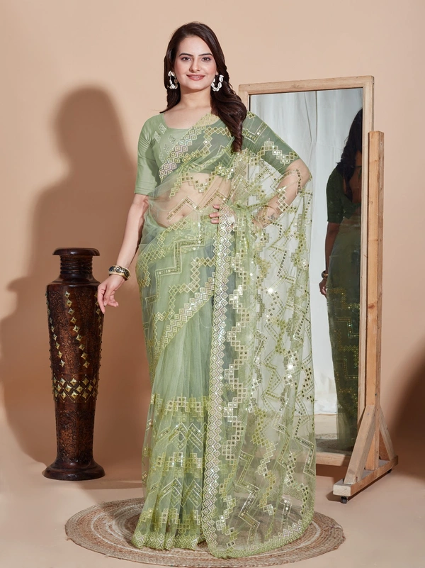 FWVLS DESIGNER SOFT NET SEQUINS WORK SAREE WITH BLOUSE PIECE - Green
