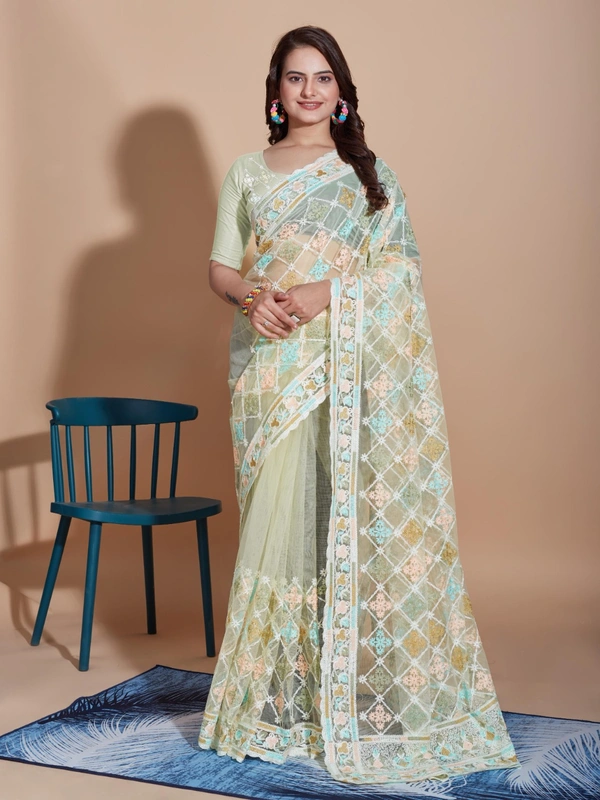 FWVLS BUTTERFLY NET PARTY WEAR EMBROIDRED SAREE WITH BLOUSE - Pista