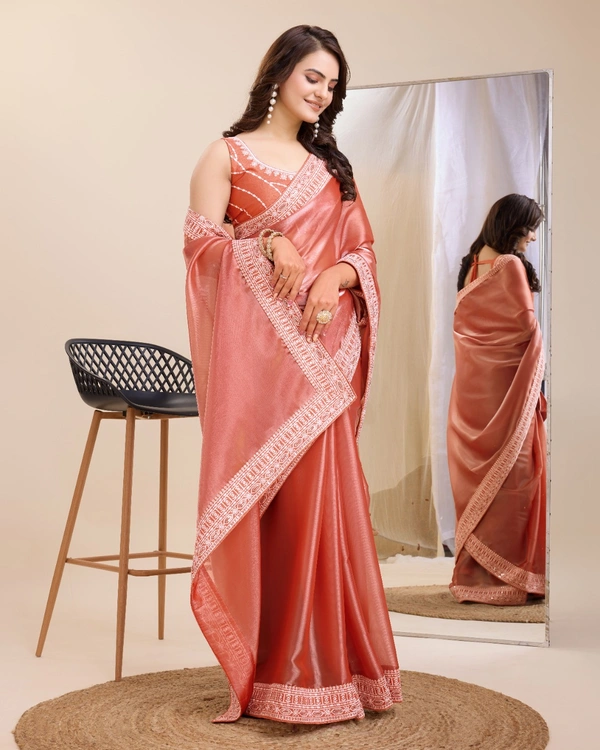 FWVLS PARTY WEAR EMBROIDERED SAREE WITH BLOUSE PIECE  - Orange Red