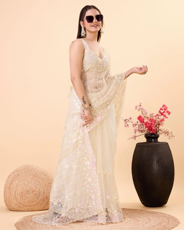 FWVLS PARTY WEAR SOFT NET EMBROIDERED DESIGNER SAREE WITH BLOUSE PIECE - Peach