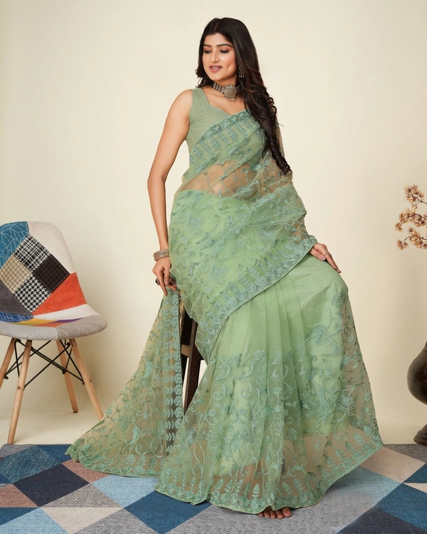 FWVLS SOFT NET CHIKANKARI EMBROIDRED SAREEE WITH BLOUSE PIECE - Pista