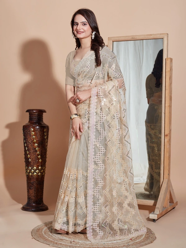 FWVLS DESIGNER SOFT NET SEQUINS WORK SAREE WITH BLOUSE PIECE - Cream