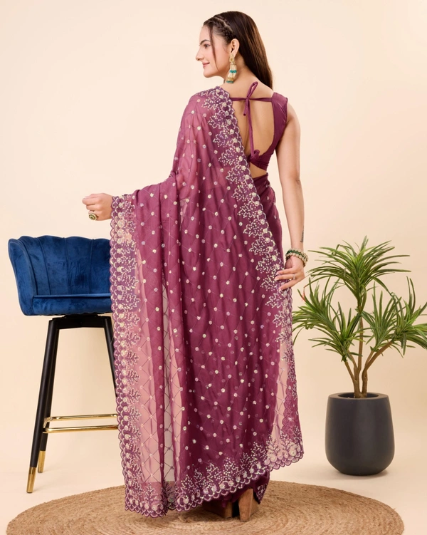 FWVLS PARTY WEAR TABBY SILK ORGANZA SAREE WITH BLOUSE PIECE - Wine