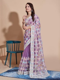 FWVLS BUTTERFLY NET PARTY WEAR EMBROIDRED SAREE WITH BLOUSE - Purple