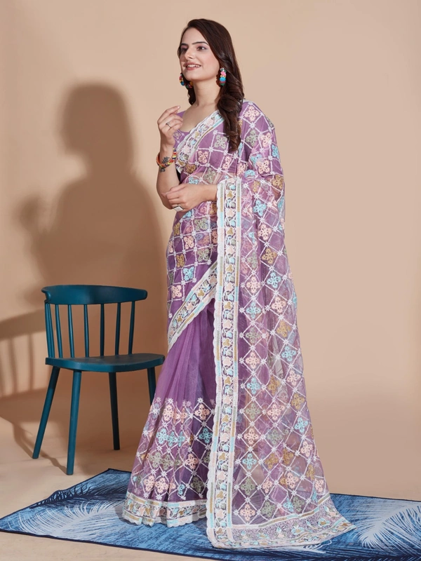 FWVLS BUTTERFLY NET PARTY WEAR EMBROIDRED SAREE WITH BLOUSE - Purple