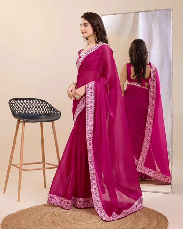 FWVLS PARTY WEAR EMBROIDERED SAREE WITH BLOUSE PIECE  - Pinkish Red
