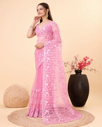 FWVLS PARTY WEAR SOFT NET EMBROIDERED DESIGNER SAREE WITH BLOUSE PIECE - Pink Salmon