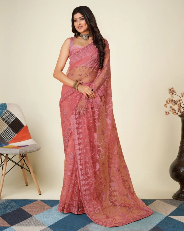 FWVLS SOFT NET CHIKANKARI EMBROIDRED SAREEE WITH BLOUSE PIECE - Pink