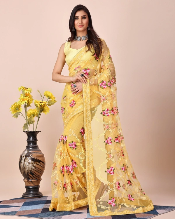 FWVLS CHIKANKARI EMBROIDERED SOFT NET SAREE WITH BLOUSE PIECE - Yellow
