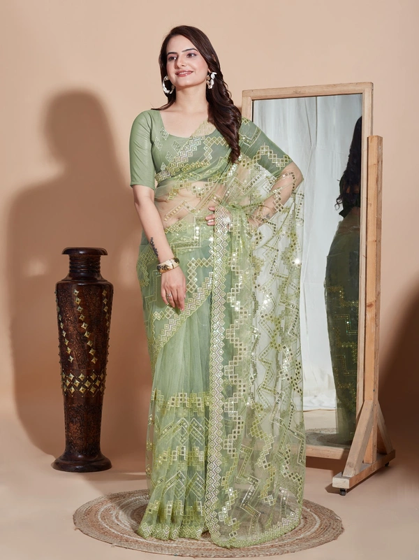 FWVLS DESIGNER SOFT NET SEQUINS WORK SAREE WITH BLOUSE PIECE - Green