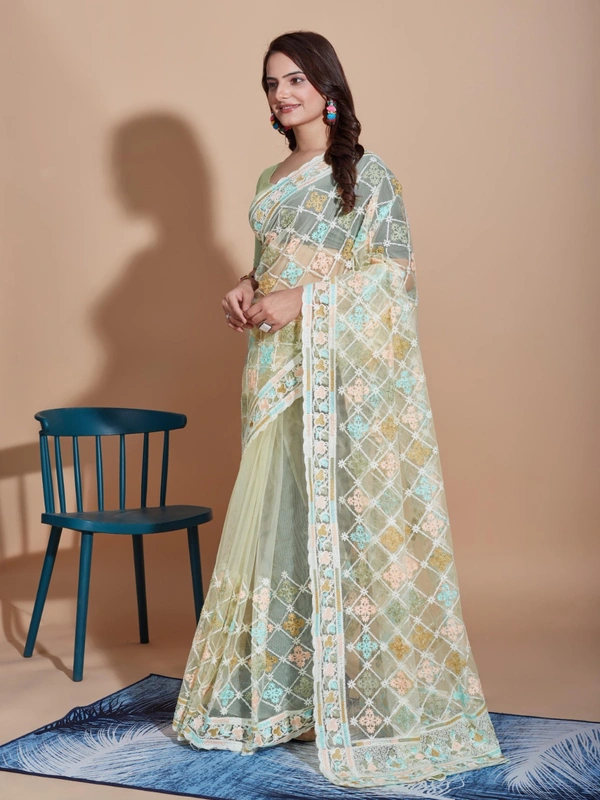 FWVLS BUTTERFLY NET PARTY WEAR EMBROIDRED SAREE WITH BLOUSE - Pista