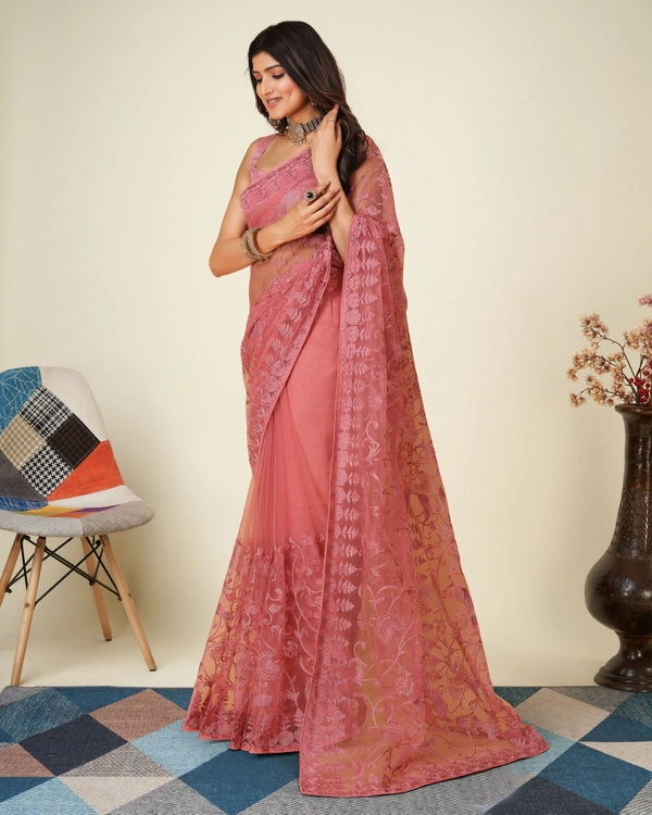 FWVLS SOFT NET CHIKANKARI EMBROIDRED SAREEE WITH BLOUSE PIECE - Pink