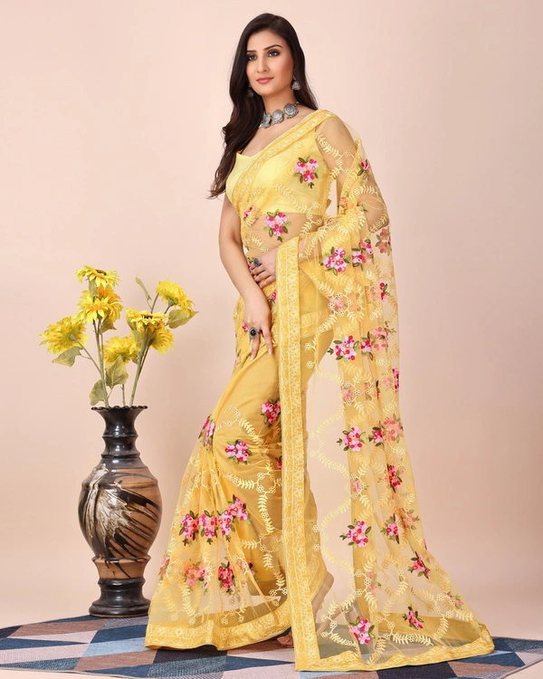 FWVLS CHIKANKARI EMBROIDERED SOFT NET SAREE WITH BLOUSE PIECE - Yellow