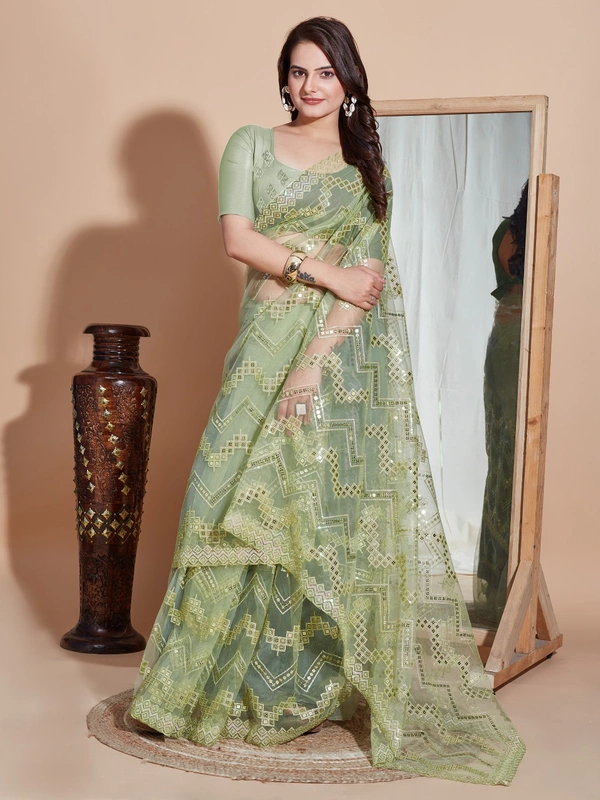 FWVLS DESIGNER SOFT NET SEQUINS WORK SAREE WITH BLOUSE PIECE - Green