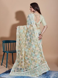 FWVLS BUTTERFLY NET PARTY WEAR EMBROIDRED SAREE WITH BLOUSE - Pista