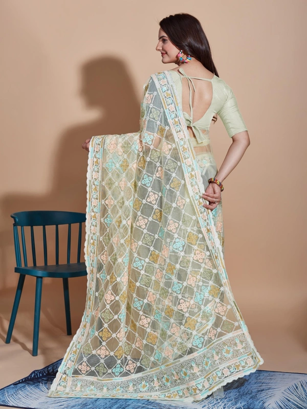 FWVLS BUTTERFLY NET PARTY WEAR EMBROIDRED SAREE WITH BLOUSE - Pista