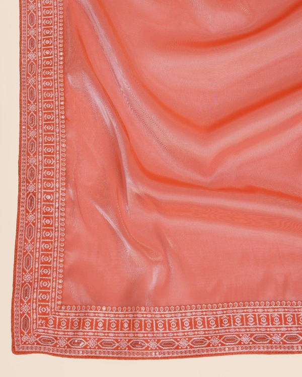 FWVLS PARTY WEAR EMBROIDERED SAREE WITH BLOUSE PIECE  - Orange Red