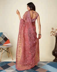 FWVLS SOFT NET CHIKANKARI EMBROIDRED SAREEE WITH BLOUSE PIECE - Pink