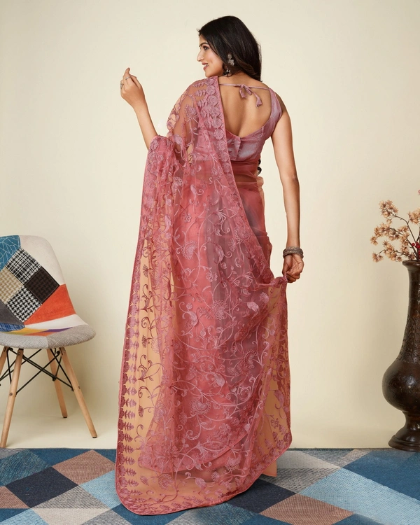 FWVLS SOFT NET CHIKANKARI EMBROIDRED SAREEE WITH BLOUSE PIECE - Pink