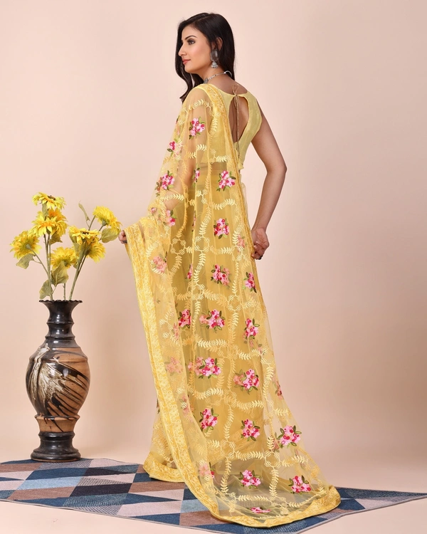 FWVLS CHIKANKARI EMBROIDERED SOFT NET SAREE WITH BLOUSE PIECE - Yellow