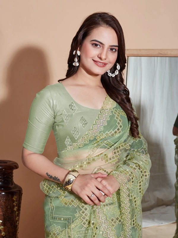 FWVLS DESIGNER SOFT NET SEQUINS WORK SAREE WITH BLOUSE PIECE - Green